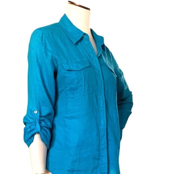 INC International Concepts Linen Button Front Safari Shirt Sz 8 Turquoise 208G - Picture 3 of 6